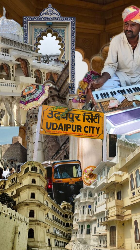 Udaipur city collage showcasing Lake Pichola, City Palace, royal palaces, and scenic Aravalli hills